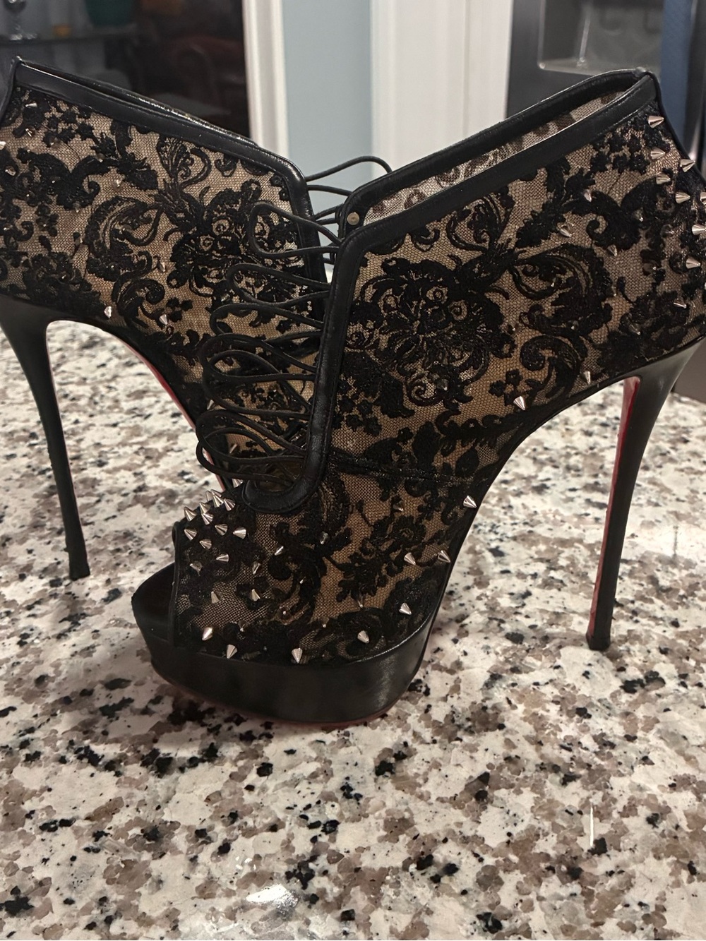 Christian Louboutin Black Lace & Nude Mesh Peep-Toe Stiletto Booties